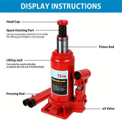 10 Ton Heavy Duty Hydraulic Bottle Jack, Steel Construction, with Lifting Ram for Car, Van, Truck, Caravan, Lorry, Tractor