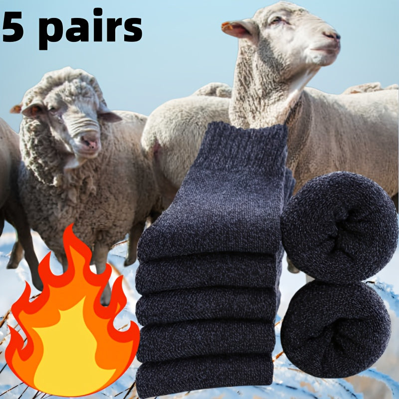 5 Pairs Men's Thick Wool Blend Socks - Cozy Mid-Calf Winter Socks in Solid Colors (Dark Gray, Light Blue, Brown, Navy Blue, Beige, White), Soft & Warm for Casual or Cold Weather, Cozy Footwear | Giftready Packaging | Quality