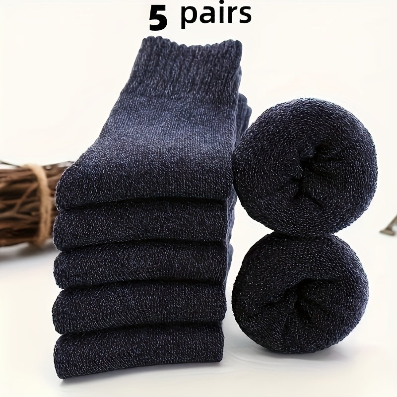 5 Pairs Men's Thick Wool Blend Socks - Cozy Mid-Calf Winter Socks in Solid Colors (Dark Gray, Light Blue, Brown, Navy Blue, Beige, White), Soft & Warm for Casual or Cold Weather, Cozy Footwear | Giftready Packaging | Quality