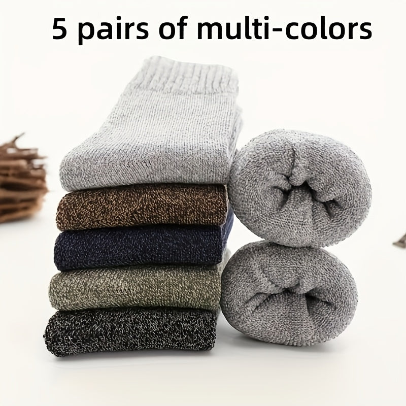 5 Pairs Men's Thick Wool Blend Socks - Cozy Mid-Calf Winter Socks in Solid Colors (Dark Gray, Light Blue, Brown, Navy Blue, Beige, White), Soft & Warm for Casual or Cold Weather, Cozy Footwear | Giftready Packaging | Quality
