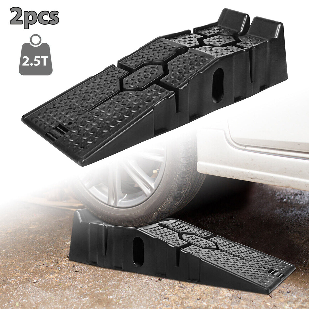 2pcs Heavy Duty Rubber Plastic 5 Ton GVM Low Ground Height Garage Vehicle Car Van Ramps, Vehicle Repairing Lifting Ramp, Anti-slip Rubber Ramps, Portable to Carry