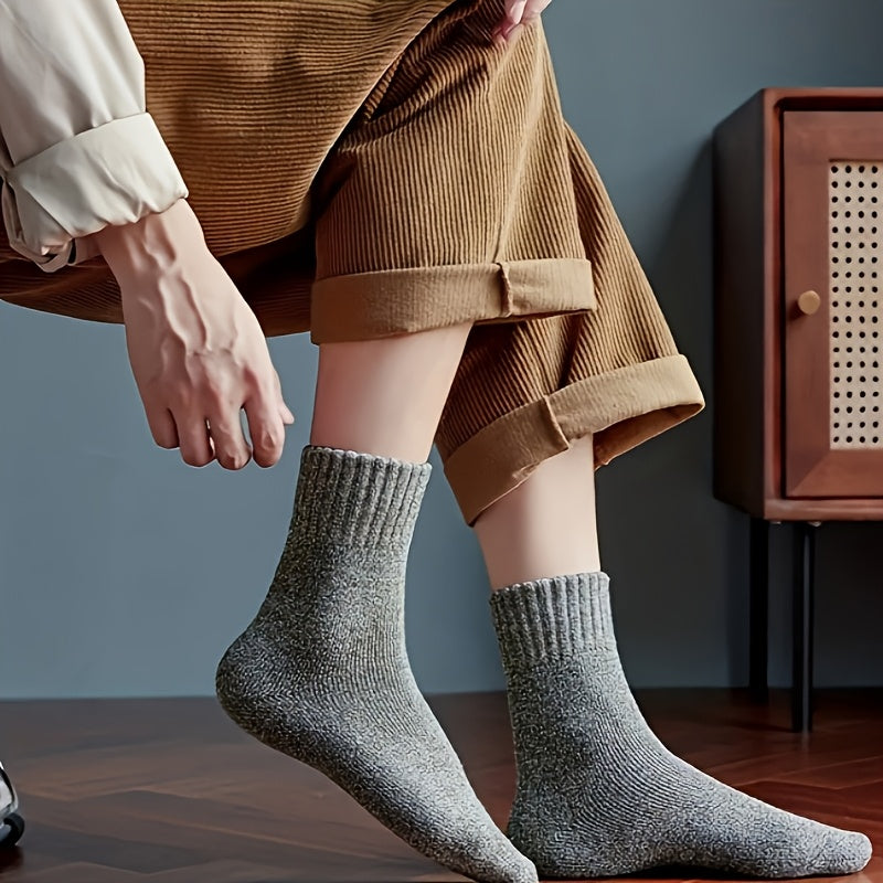 5 Pairs Men's Thick Wool Blend Socks - Cozy Mid-Calf Winter Socks in Solid Colors (Dark Gray, Light Blue, Brown, Navy Blue, Beige, White), Soft & Warm for Casual or Cold Weather, Cozy Footwear | Giftready Packaging | Quality