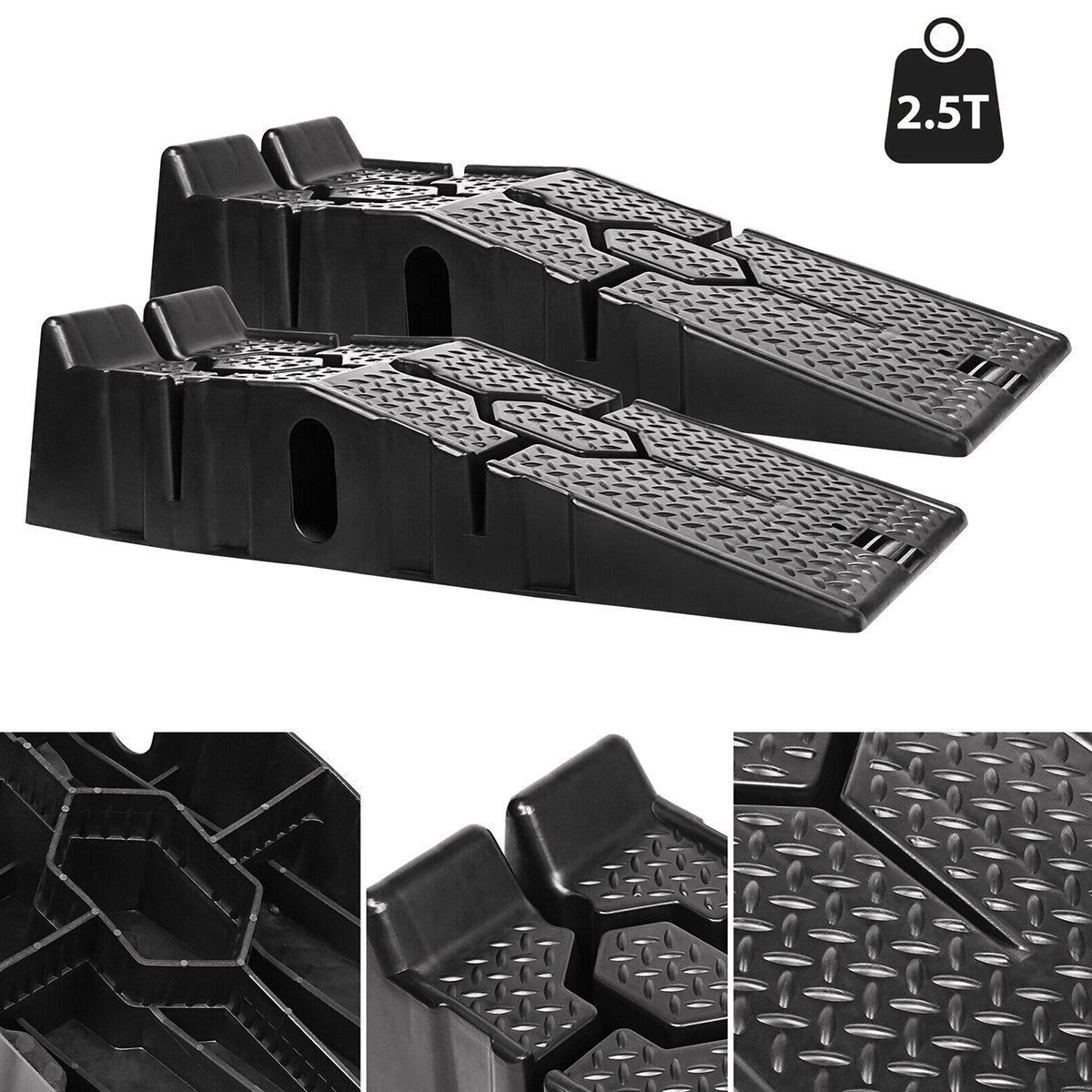 2pcs Heavy Duty Rubber Plastic 5 Ton GVM Low Ground Height Garage Vehicle Car Van Ramps, Vehicle Repairing Lifting Ramp, Anti-slip Rubber Ramps, Portable to Carry