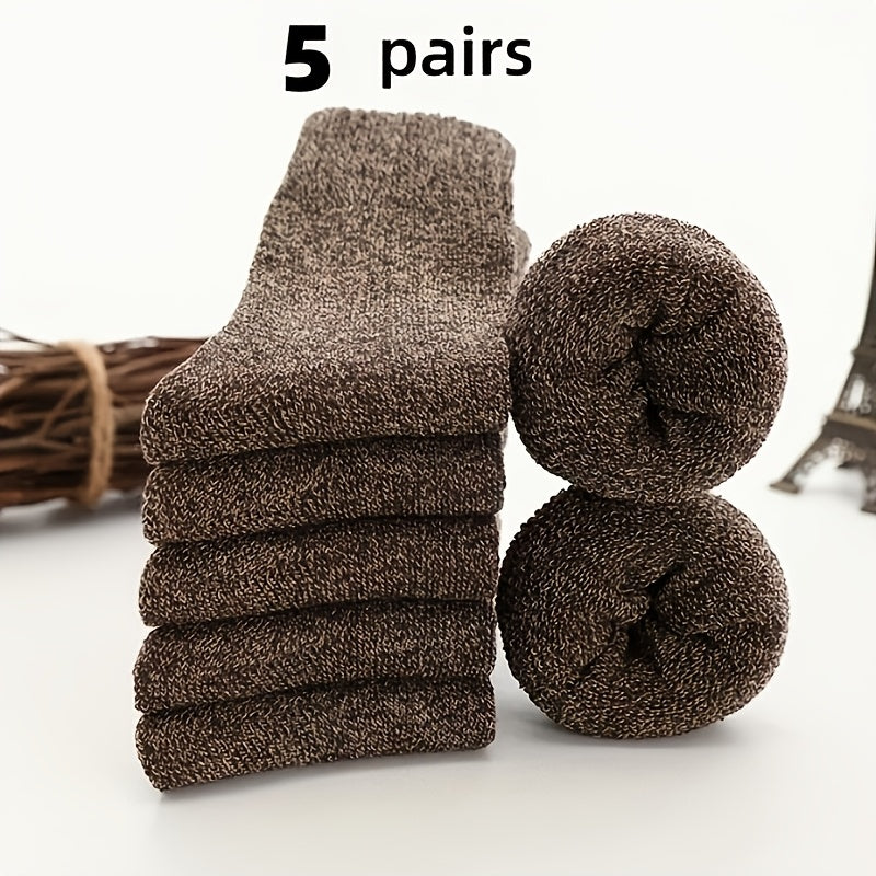 5 Pairs Men's Thick Wool Blend Socks - Cozy Mid-Calf Winter Socks in Solid Colors (Dark Gray, Light Blue, Brown, Navy Blue, Beige, White), Soft & Warm for Casual or Cold Weather, Cozy Footwear | Giftready Packaging | Quality
