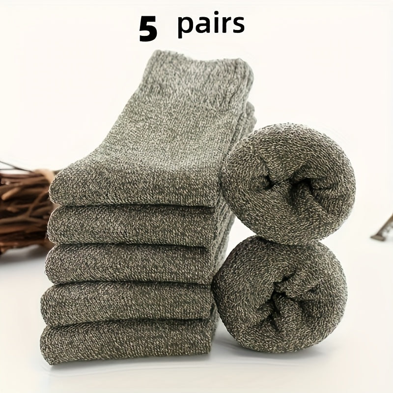 5 Pairs Men's Thick Wool Blend Socks - Cozy Mid-Calf Winter Socks in Solid Colors (Dark Gray, Light Blue, Brown, Navy Blue, Beige, White), Soft & Warm for Casual or Cold Weather, Cozy Footwear | Giftready Packaging | Quality