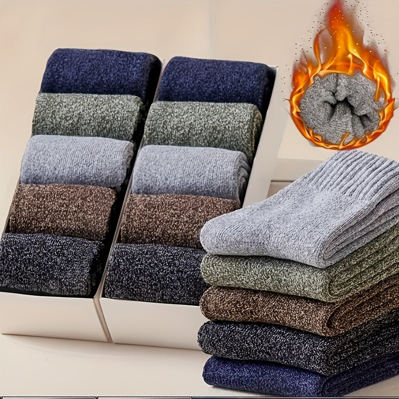 5 Pairs Men's Thick Wool Blend Socks - Cozy Mid-Calf Winter Socks in Solid Colors (Dark Gray, Light Blue, Brown, Navy Blue, Beige, White), Soft & Warm for Casual or Cold Weather, Cozy Footwear | Giftready Packaging | Quality