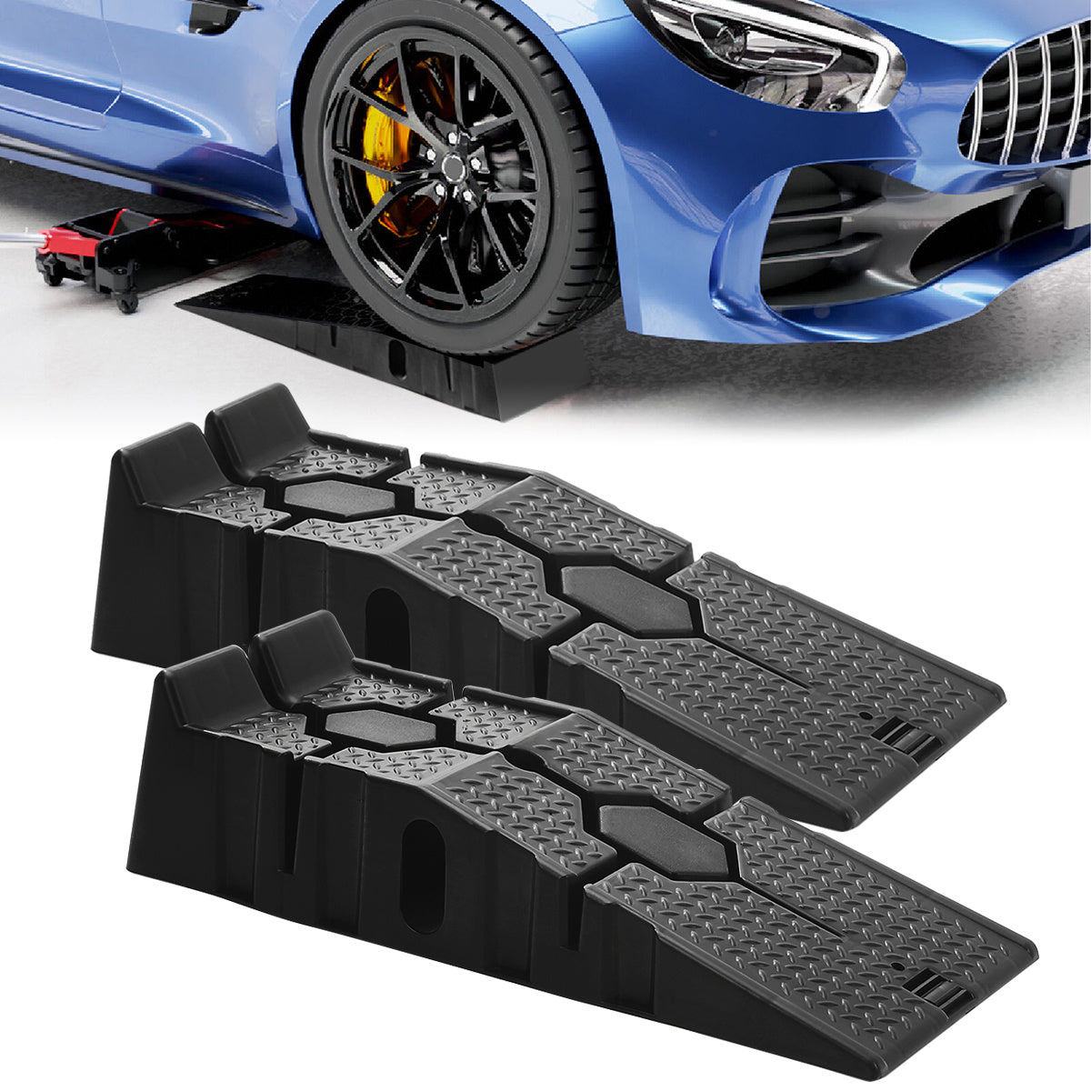 2pcs Heavy Duty Rubber Plastic 5 Ton GVM Low Ground Height Garage Vehicle Car Van Ramps, Vehicle Repairing Lifting Ramp, Anti-slip Rubber Ramps, Portable to Carry