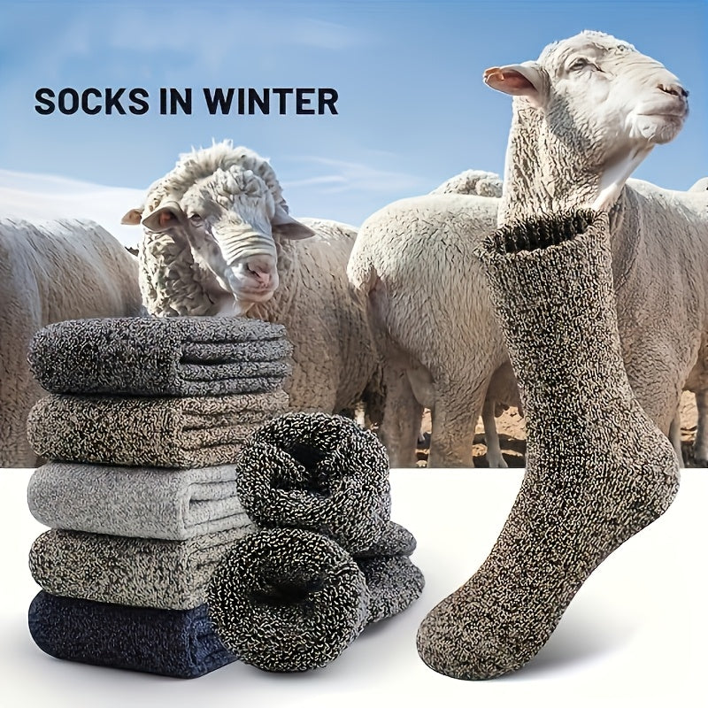 5 Pairs Men's Thick Wool Blend Socks - Cozy Mid-Calf Winter Socks in Solid Colors (Dark Gray, Light Blue, Brown, Navy Blue, Beige, White), Soft & Warm for Casual or Cold Weather, Cozy Footwear | Giftready Packaging | Quality