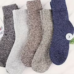5 Pairs Men's Thick Wool Blend Socks - Cozy Mid-Calf Winter Socks in Solid Colors (Dark Gray, Light Blue, Brown, Navy Blue, Beige, White), Soft & Warm for Casual or Cold Weather, Cozy Footwear | Giftready Packaging | Quality