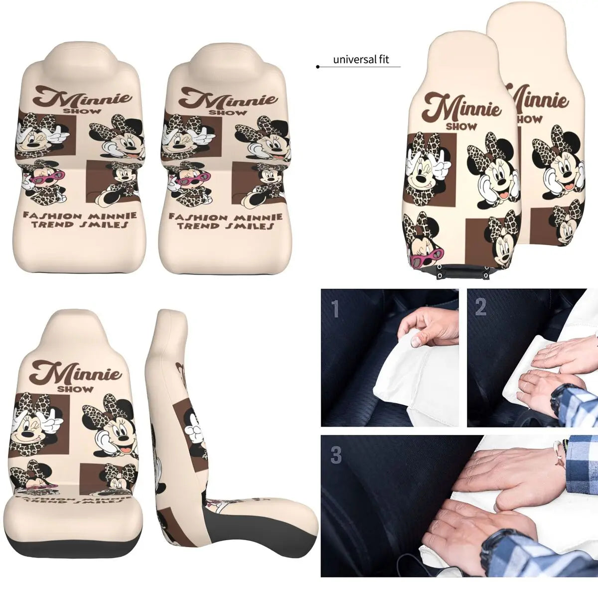 Kawaii Minnie Mouse Cartoon 2 Front Car Seat Covers for Cars Truck Sedan SUV Durable Automotive Seats Cover