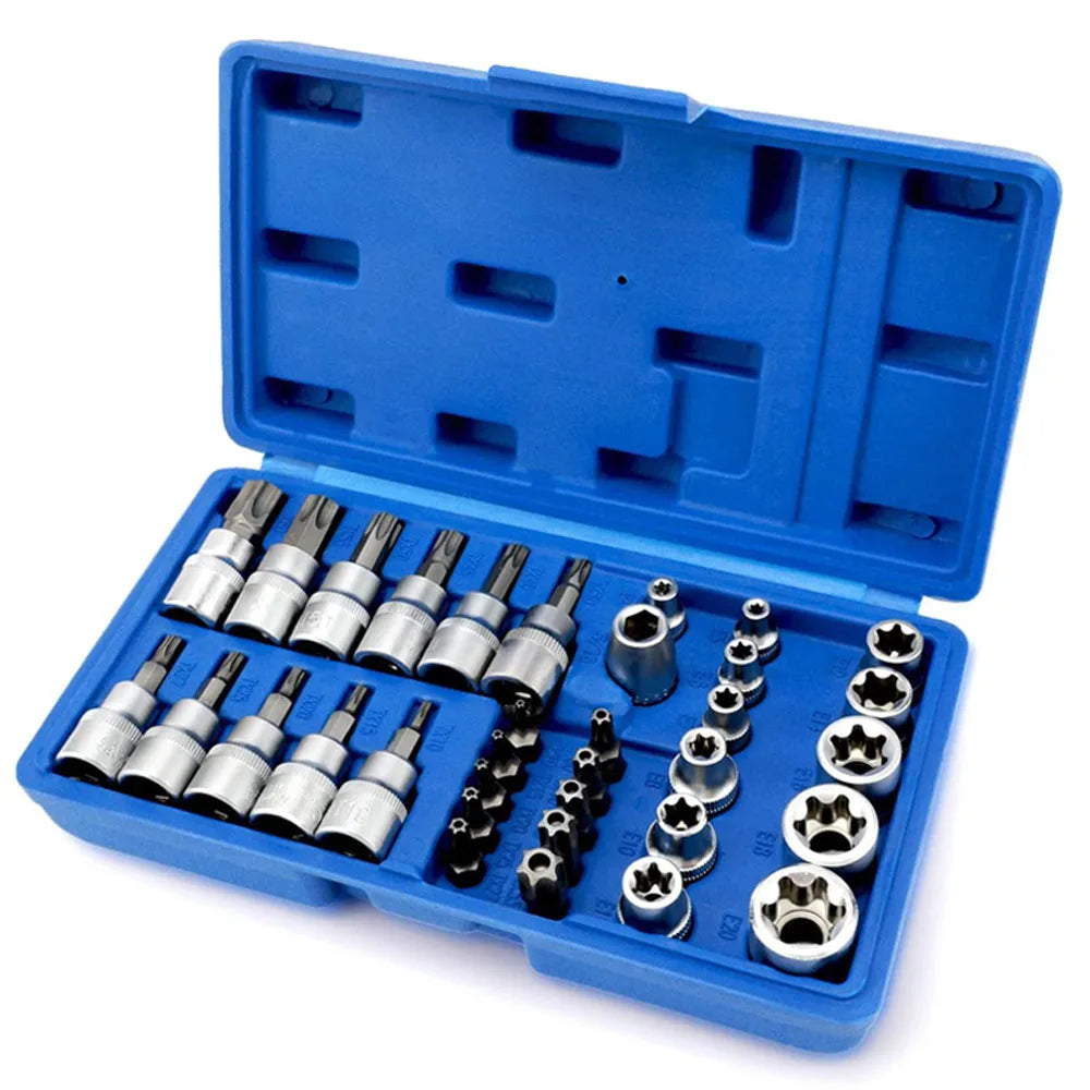 34PCS Torx Bit Socket  and  E-Torx Star Socket Set 1/2” 1/4“ 3/8” Drive Male/Female E-Security Bits  Hand Wrenches Repair Tool