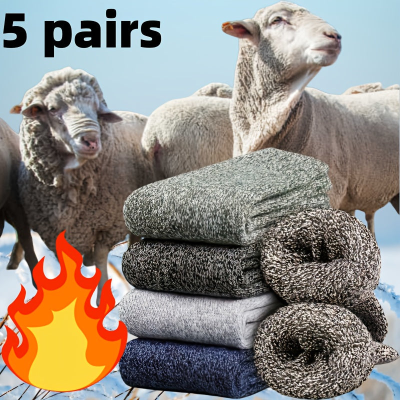 5 Pairs Men's Thick Wool Blend Socks - Cozy Mid-Calf Winter Socks in Solid Colors (Dark Gray, Light Blue, Brown, Navy Blue, Beige, White), Soft & Warm for Casual or Cold Weather, Cozy Footwear | Giftready Packaging | Quality
