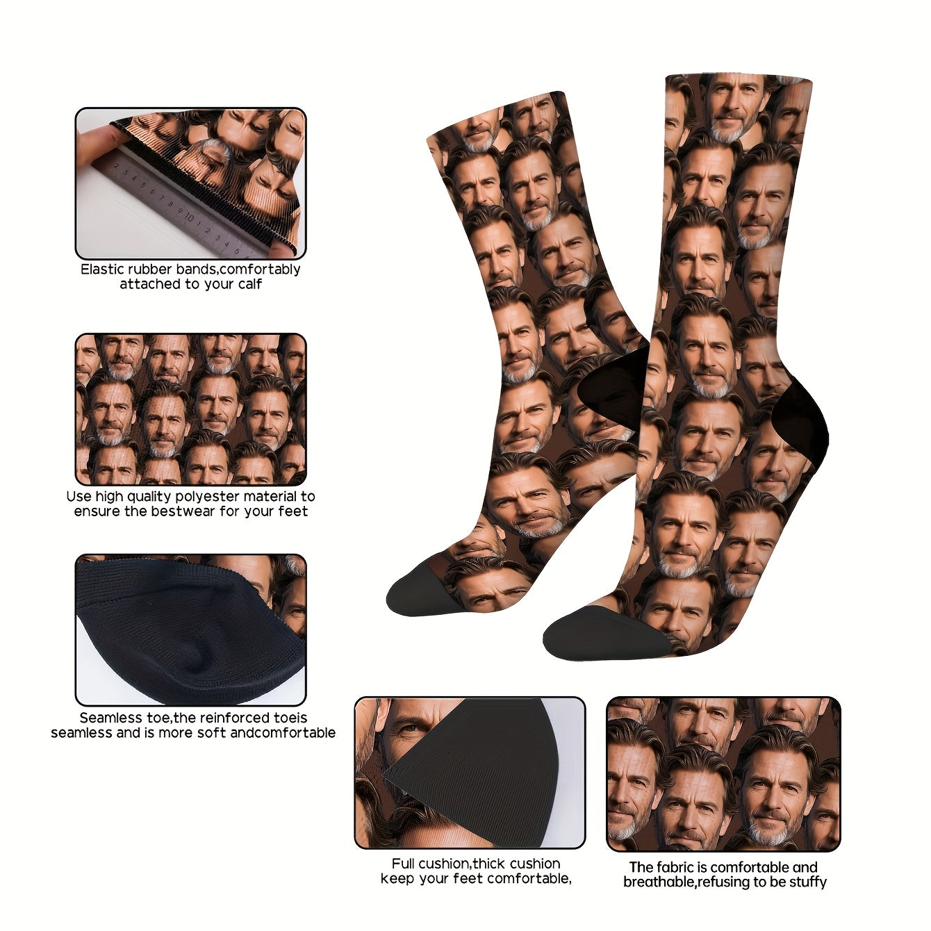 1 Pair Personalized Custom Face Socks - Full-Body Portrait Print Unisex Funny Novelty Gift for Birthdays, Father’s Day, Family Reunions - Hand Wash Only, Funny Socks