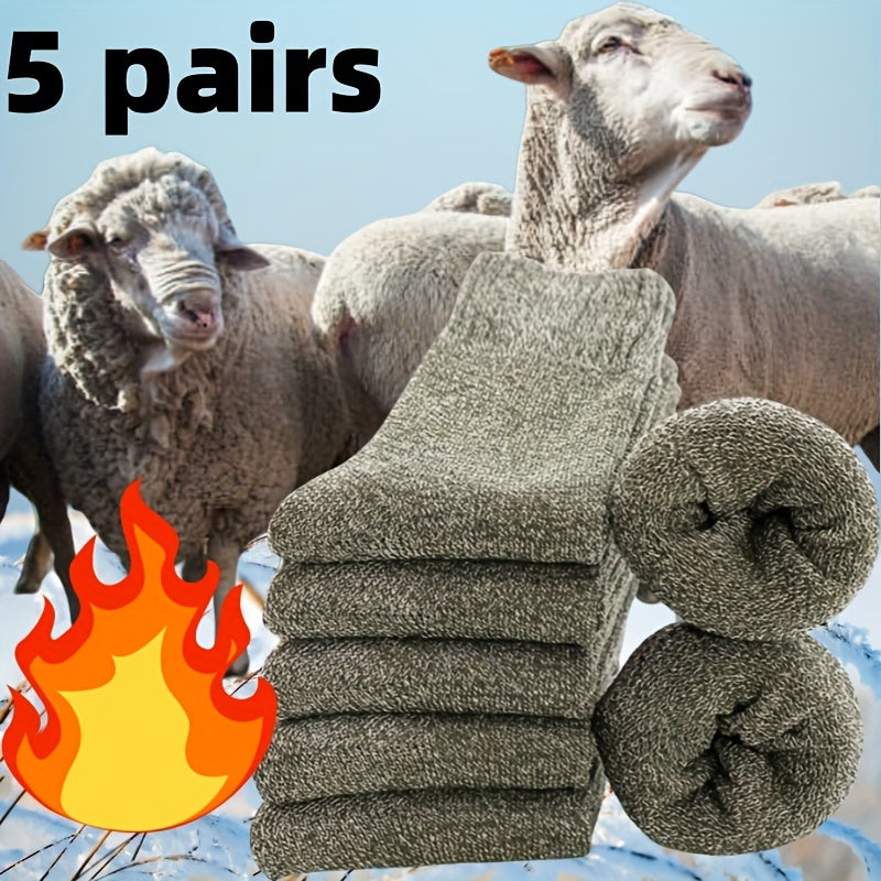 5 Pairs Men's Thick Wool Blend Socks - Cozy Mid-Calf Winter Socks in Solid Colors (Dark Gray, Light Blue, Brown, Navy Blue, Beige, White), Soft & Warm for Casual or Cold Weather, Cozy Footwear | Giftready Packaging | Quality