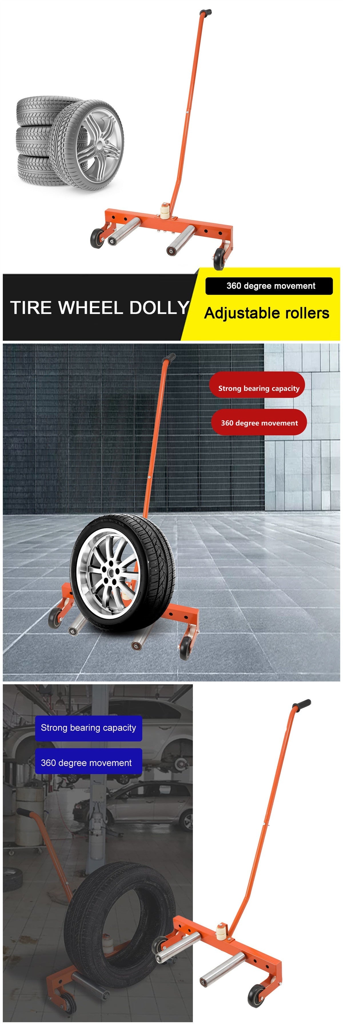 Cart Tire Lift Moving Tool Tire Moving Tool Heavy Duty Adjustable Rolling Wheel Maximum Load 150KG For HGV, Large Van & 4x4 Wheels From 16.51cm To 62.23cm.