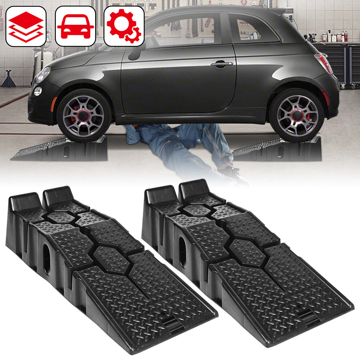 2pcs Heavy Duty Rubber Plastic 5 Ton GVM Low Ground Height Garage Vehicle Car Van Ramps, Vehicle Repairing Lifting Ramp, Anti-slip Rubber Ramps, Portable to Carry