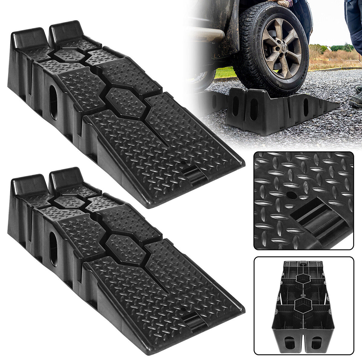 2pcs Heavy Duty Rubber Plastic 5 Ton GVM Low Ground Height Garage Vehicle Car Van Ramps, Vehicle Repairing Lifting Ramp, Anti-slip Rubber Ramps, Portable to Carry