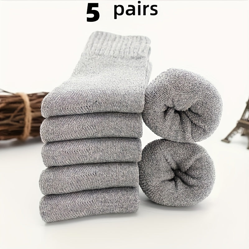 5 Pairs Men's Thick Wool Blend Socks - Cozy Mid-Calf Winter Socks in Solid Colors (Dark Gray, Light Blue, Brown, Navy Blue, Beige, White), Soft & Warm for Casual or Cold Weather, Cozy Footwear | Giftready Packaging | Quality