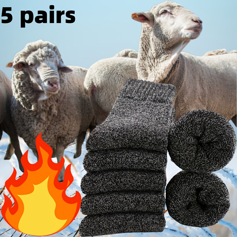 5 Pairs Men's Thick Wool Blend Socks - Cozy Mid-Calf Winter Socks in Solid Colors (Dark Gray, Light Blue, Brown, Navy Blue, Beige, White), Soft & Warm for Casual or Cold Weather, Cozy Footwear | Giftready Packaging | Quality