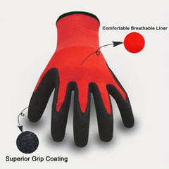 10 Pairs Premium Multi-Purpose Work Gloves Set - Ultra-Durable, Non-Slip Grip, Breathable, Lead-Free, and Water-Resistant for Gardening, Mechanics, and Outdoor Activities - Red and Black Color Combination