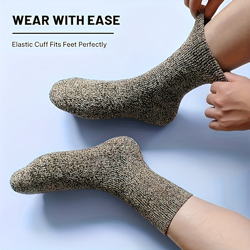 5 Pairs Men's Thick Wool Blend Socks - Cozy Mid-Calf Winter Socks in Solid Colors (Dark Gray, Light Blue, Brown, Navy Blue, Beige, White), Soft & Warm for Casual or Cold Weather, Cozy Footwear | Giftready Packaging | Quality